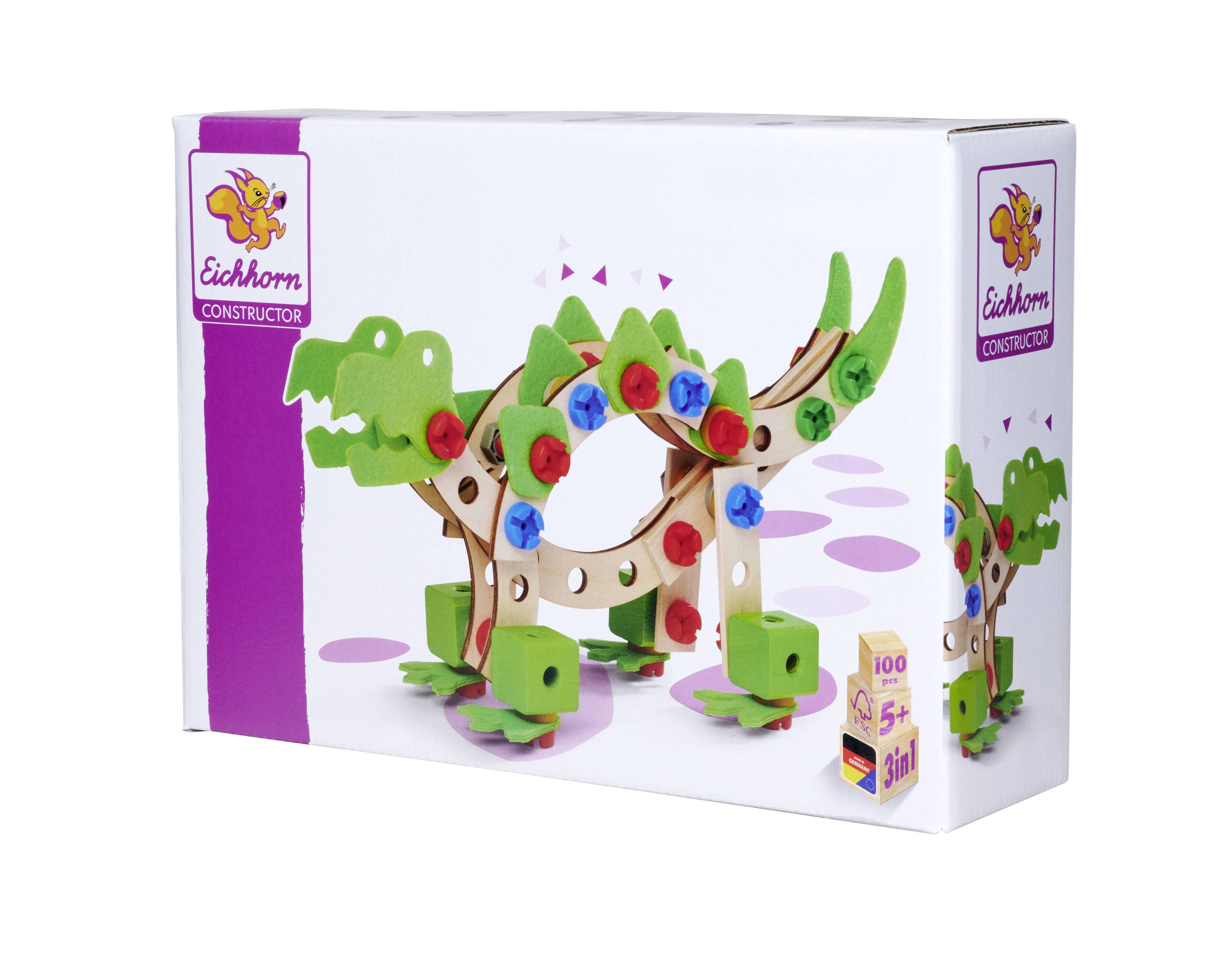 Verpackung eines Eichhorn Constructor Spielzeugs, zeigt ein Modell eines Dinosauriers aus bunten Holz- und Kunststoffteilen.