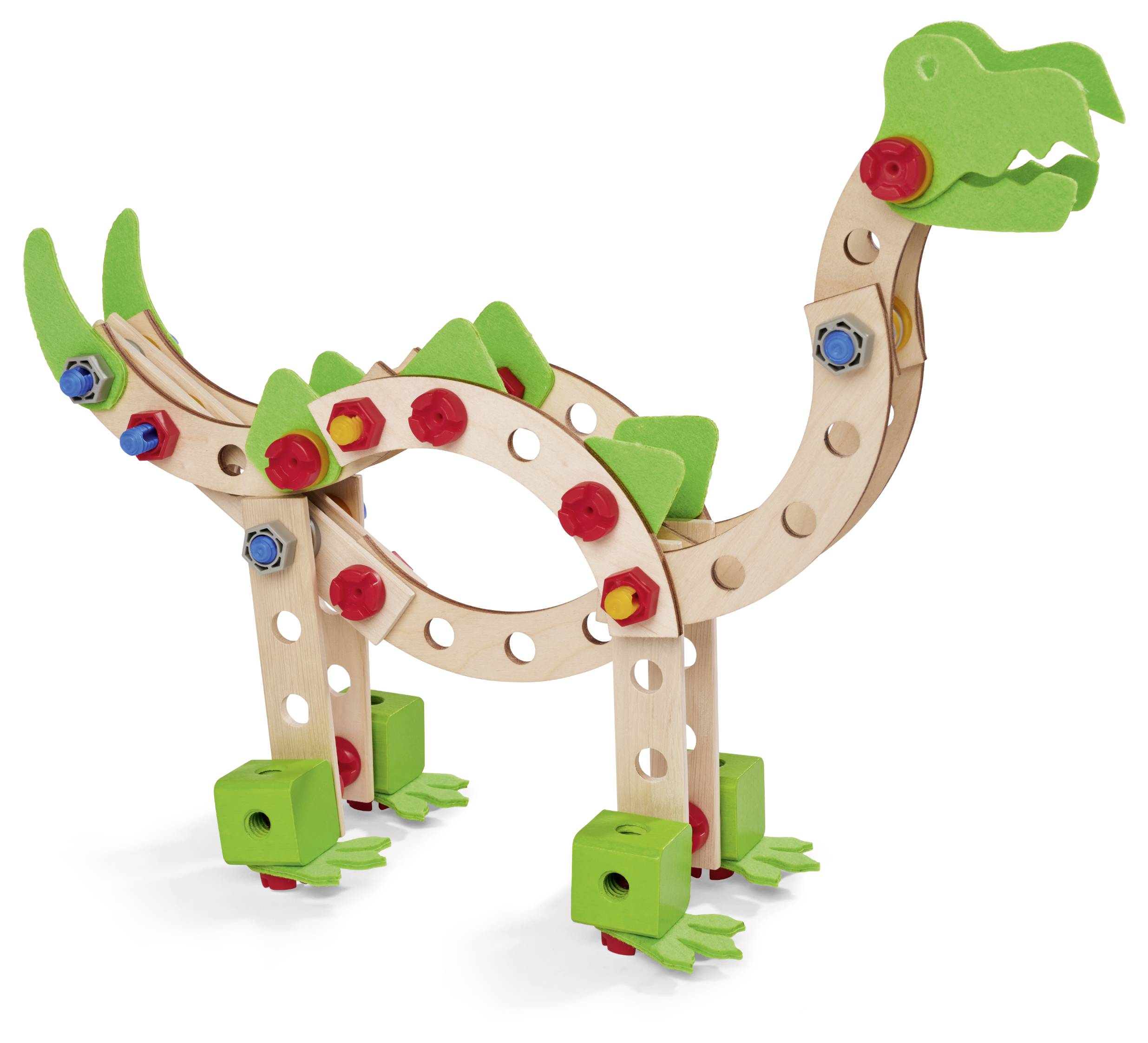 Holzbaukasten-Dinosaurier-Spielzeug mit grünen und roten Elementen, das einem Dinosaurier nachempfunden ist.