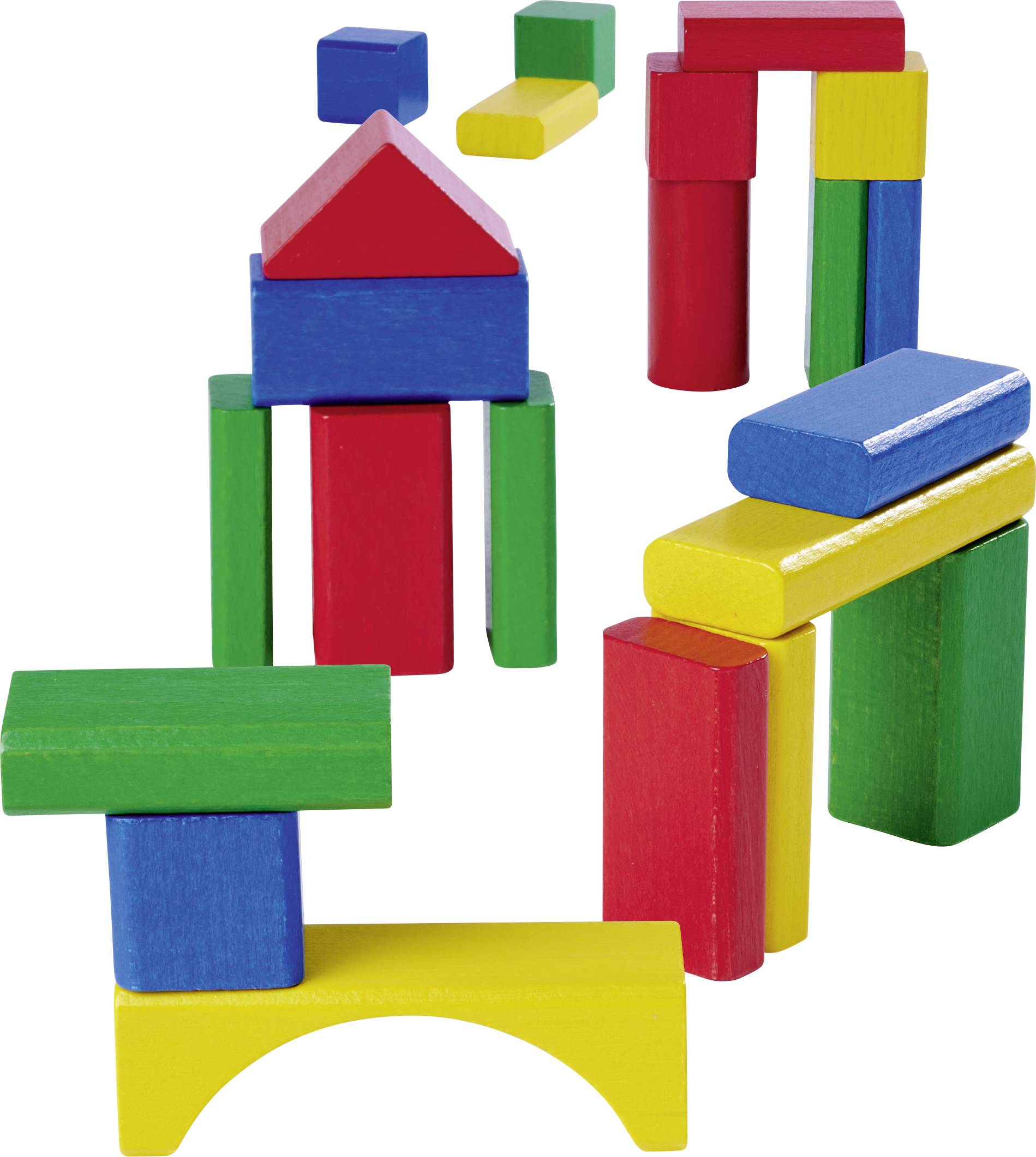 Bunte Holzbausteine zu einem Turm und Bogen gestapelt, in verschiedenen Farben wie Rot, Gelb, Blau und Grün.