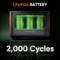 Batterie mit grün leuchtendem Inhalt, Text oben 'LiFePO4 BATTERY', unten '2,000 Cycles'. Im Hintergrund: stilisierte Stromzellen.