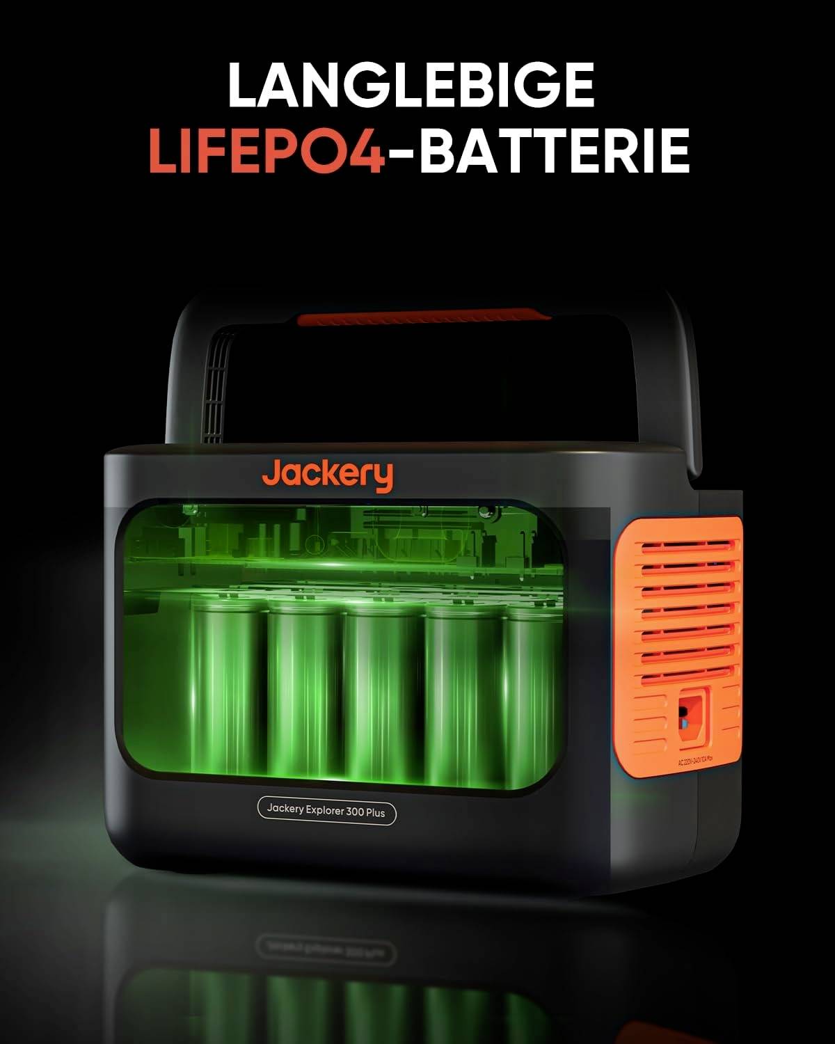 Tragbare Stromstation mit 'Langlebige LiFePO4-Batterie' in großen Buchstaben. Text und Batterie in grünem Licht hervorgehoben.