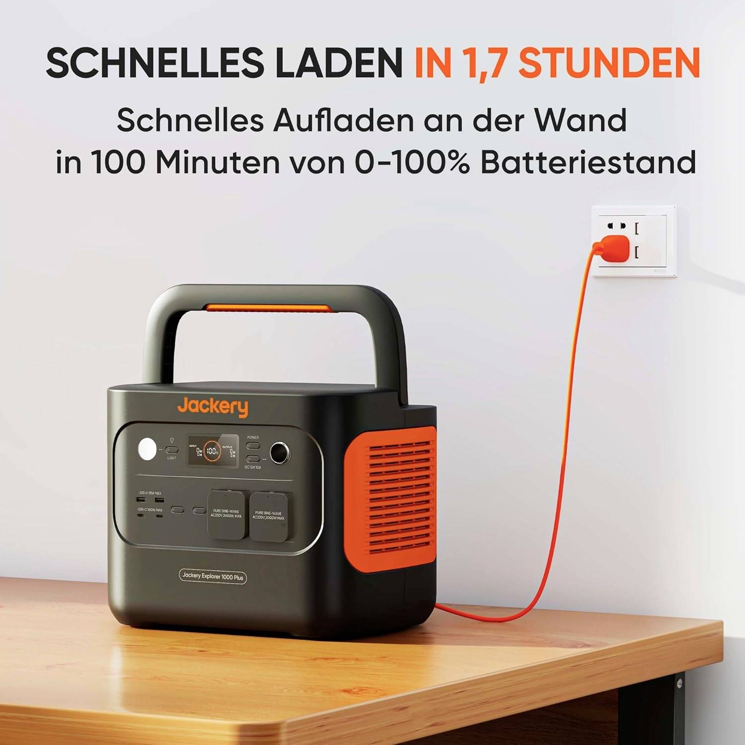 Tragbare Batterie auf Tisch, verbunden mit Steckdose. Text: 'Schnelles Laden in 1,7 Stunden', '100 Minuten auf 0-100% Batteriestand'.