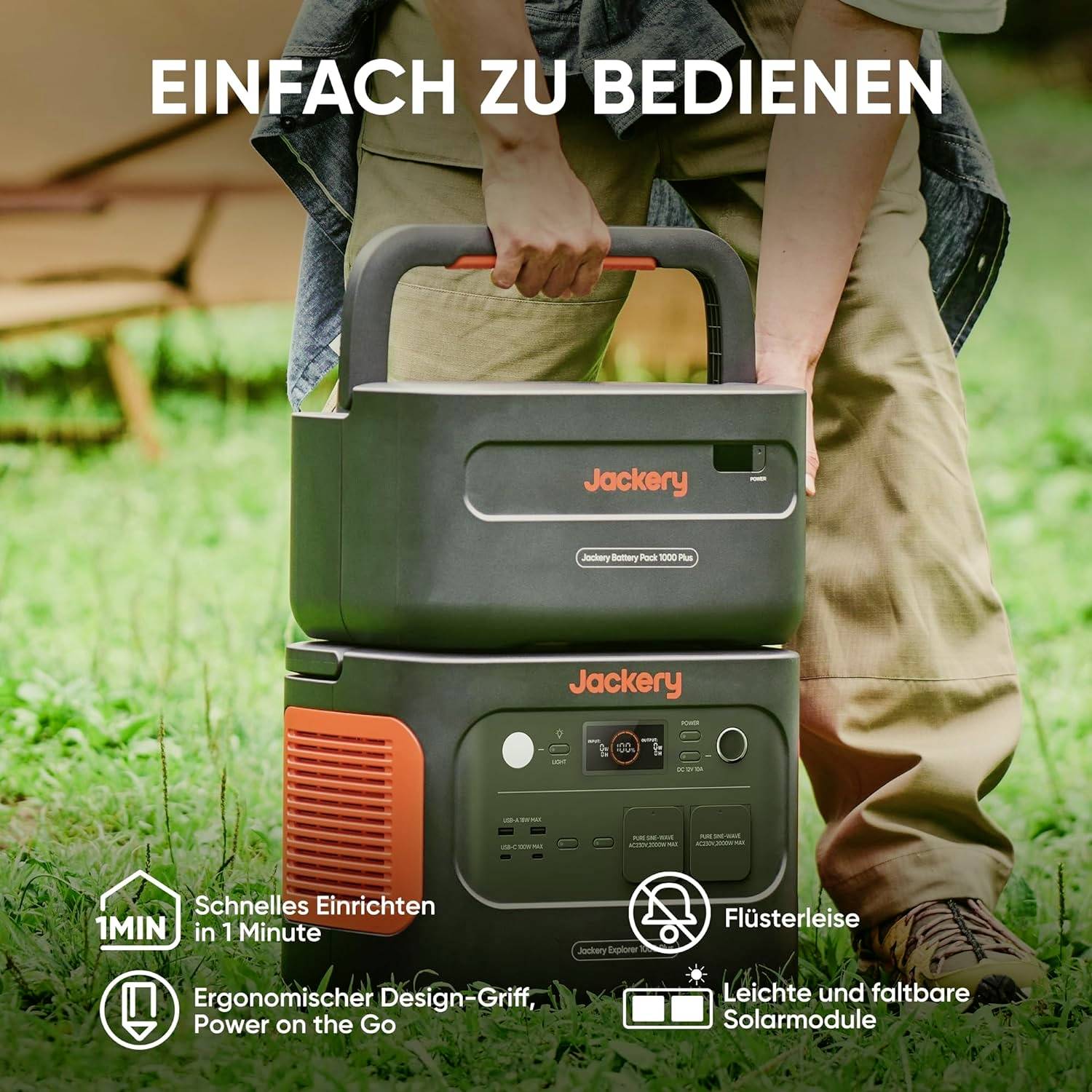 Jackery Ladegerät auf Rasen mit Person, die Griff hält. Text: 'Einfach zu bedienen', mit Symbolen für Schnelligkeit und Solarmodule.