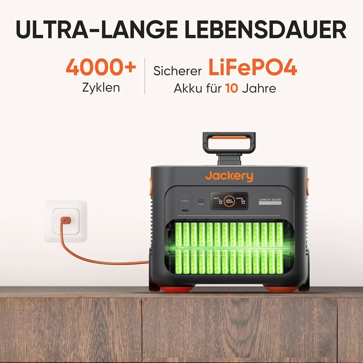 'Ultra-lange Lebensdauer' eines Akkus mit über 4000 Zyklen. Sichere LiFePO4-Batterie, die für 10 Jahre haltbar ist.