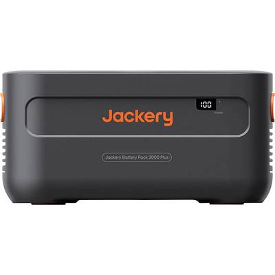 Schwarzes tragbares Akkuladegerät mit dem orangefarbenen Schriftzug 'Jackery'. Anzeige zeigt '100'. Kreisförmige Anschlüsse an den Seiten.