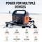 Tragbare Powerstation am Strand, angeschlossen an verschiedene Geräte. Oben steht 'Power for Multiple Devices'. Mehrere Icons zeigen verfügbare Ladezyklen: Handy (25), Laptop (5), Drohne (4), usw.