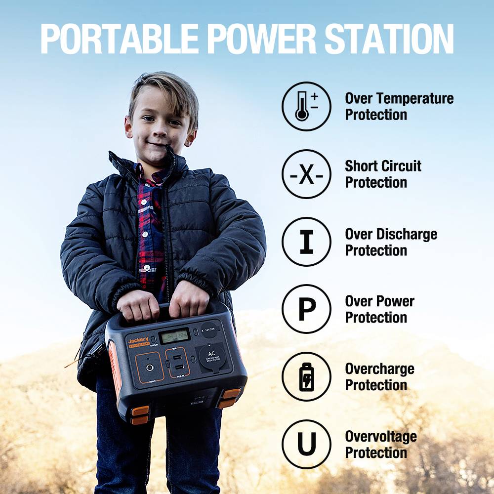 Ein Kind hält eine tragbare Powerstation. Rechts im Bild sind Symbole und Text zur Schutzfunktion der Station: Übertemperatur, Kurzschluss, Überentladung, Überstrom, Überleistung und Überspannung.