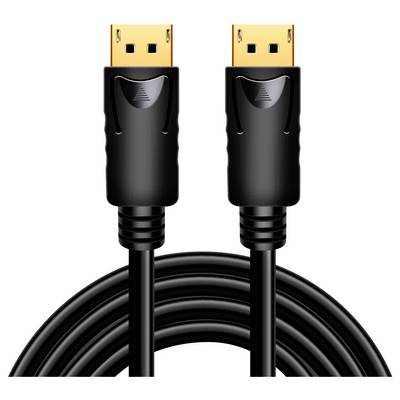 Schwarzes DisplayPort-Kabel mit zwei goldenen Steckern. Ideal für hochauflösende Video- und Audioübertragung zwischen Geräten.