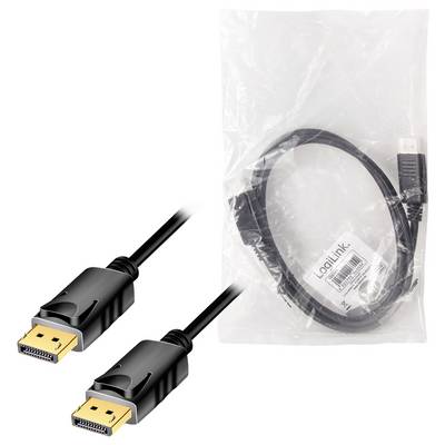 Schwarzes DisplayPort-Kabel mit goldenen Anschlüssen, verpackt in einer transparenten Kunststofftüte mit LogiLink-Etikett.