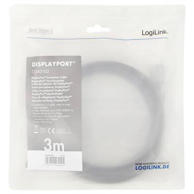 DisplayPort-Kabel, 3 Meter lang, in transparenter Verpackung. Marke: LogiLink. Text auf Verpackung: Details und Spezifikationen des Kabels.