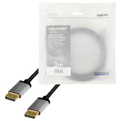 'DisplayPort-Kabel, 3 m, LogiLink' in Originalverpackung mit zwei Steckverbindern, geeignet für Audio- und Videoübertragung.