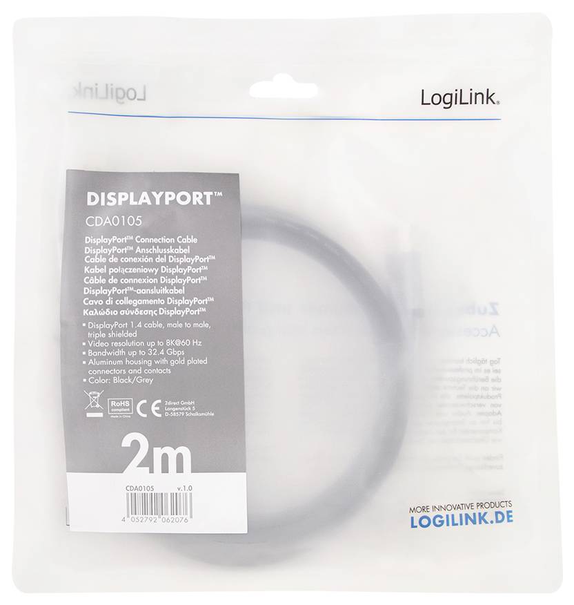 'LogiLink' DisplayPort-Kabel 2m in Verpackung. Text auf der Verpackung beschreibt Merkmale wie Versilberung, Bandbreite und Anschlüsse.