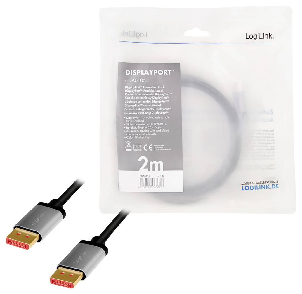 DisplayPort-Kabel CDA0105 von LogiLink, 2 Meter lang, abgebildet mit Verpackung. Enthält Hinweise zur Unterstützung von High-Definition-Audio und -Video.