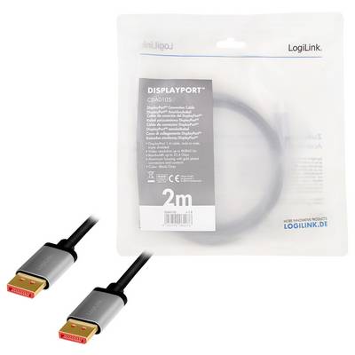 DisplayPort-Kabel CDA0105 von LogiLink, 2 Meter lang, abgebildet mit Verpackung. Enthält Hinweise zur Unterstützung von High-Definition-Audio und -Video.