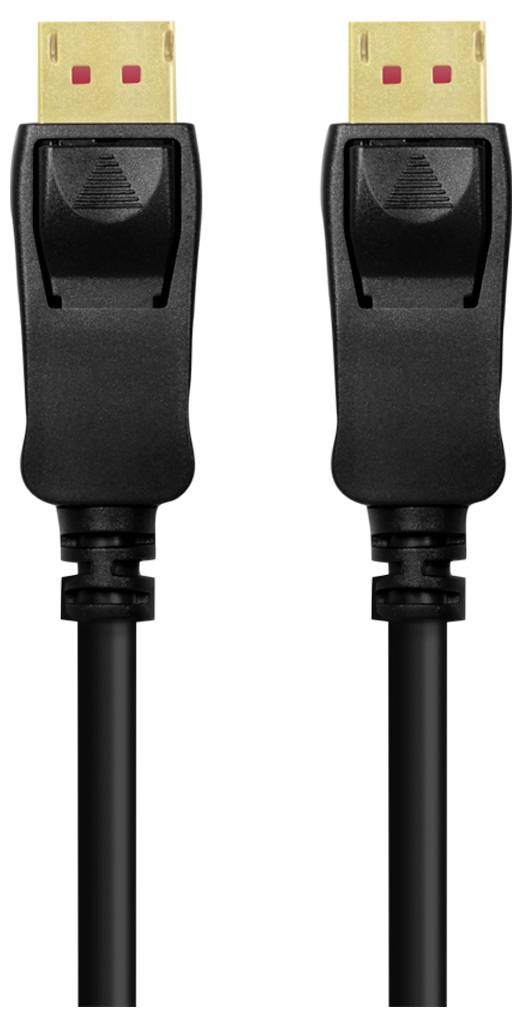 Schwarzes, doppeltes Kabel mit vergoldeten DisplayPort-Steckern, geeignet für Computermonitore oder andere Display-Geräte.