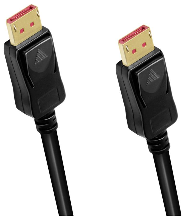 Schwarze DisplayPort-Kabel mit goldenen Steckern an beiden Enden, geeignet für die Verbindung von Computern mit Monitoren.