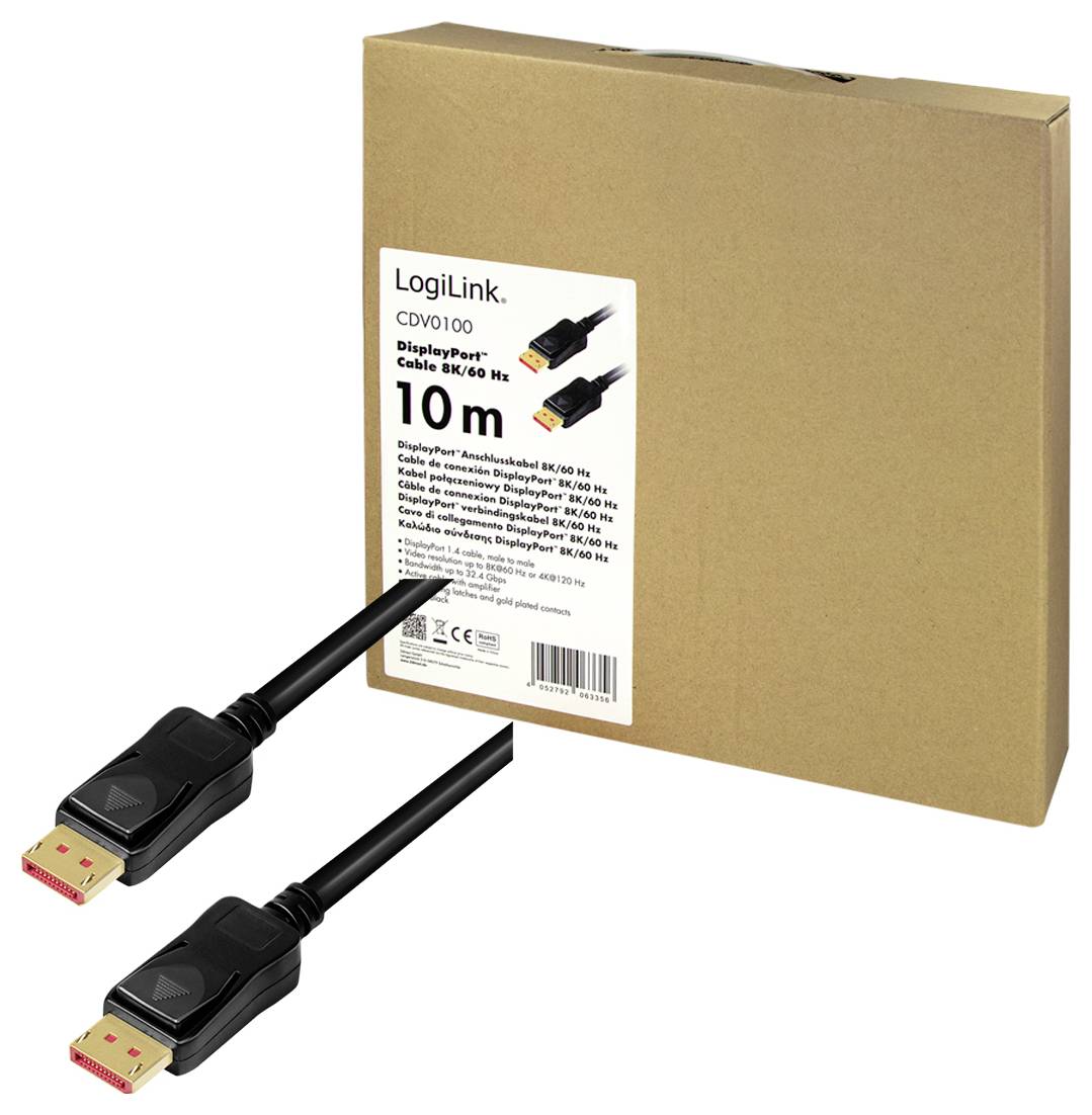 'DisplayPort-Kabel, 10 m' von LogiLink vor Verpackung. Das Kabel unterstützt 8K/60 Hz, ideal für hochauflösende Videoverbindungen.