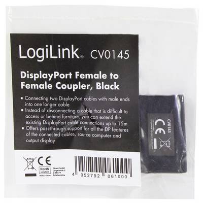 LogiLink DisplayPort Kupplung, weiblich zu weiblich, schwarz. Verbindung von zwei Kabeln zu einem längeren, bis zu 15m.