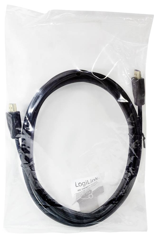 Ein schwarzes HDMI-Kabel von LogiLink in einer durchsichtigen Plastikverpackung.