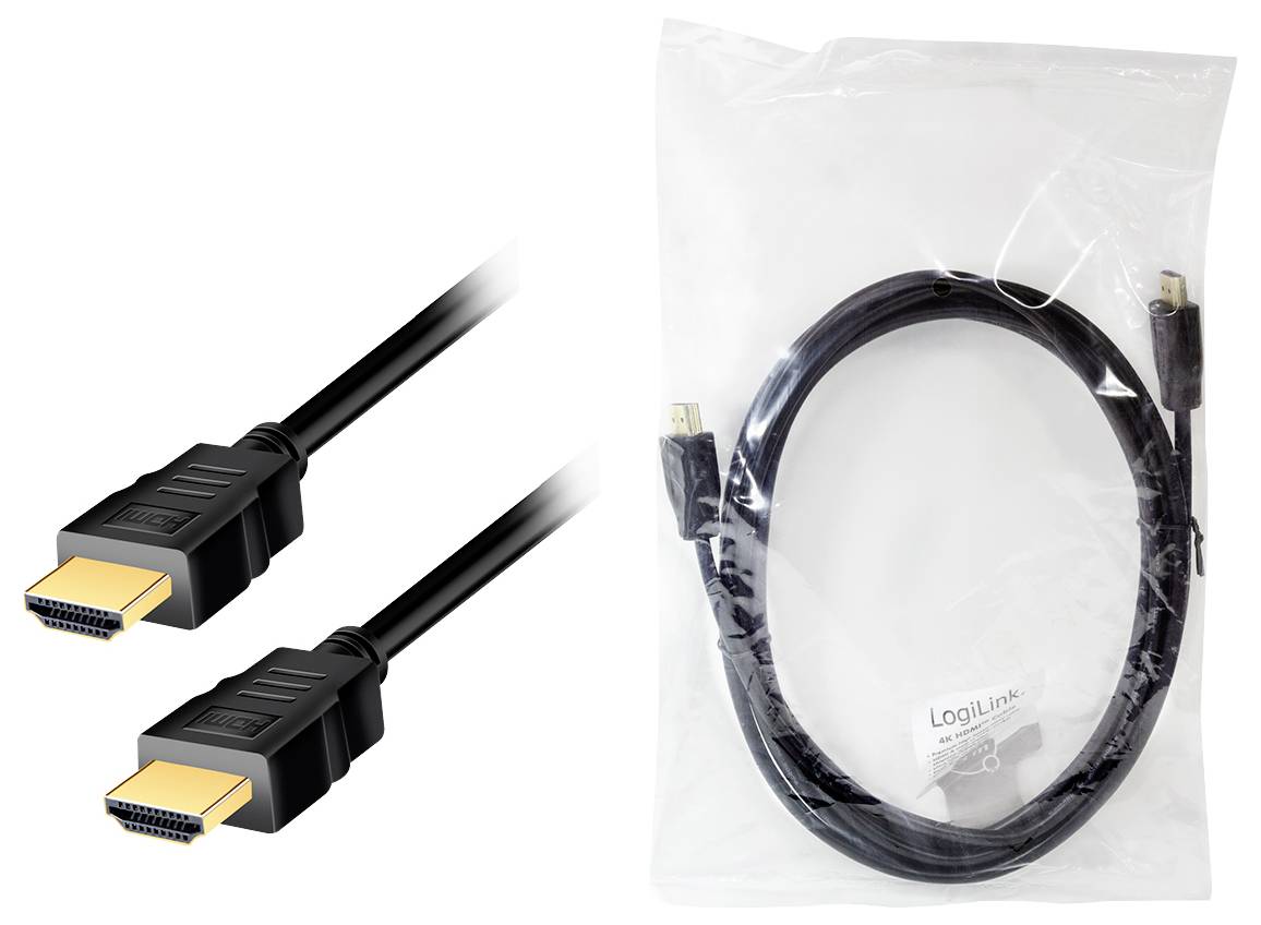 Zwei schwarze HDMI-Kabel, jeweils mit einem goldenen Stecker, abgebildet neben einer transparenten Verpackung mit einem weiteren Kabel.