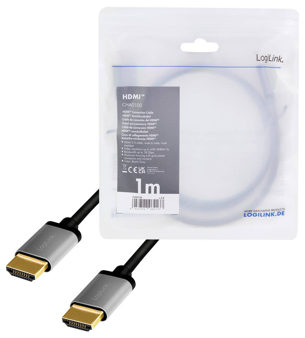HDMI-Kabel von LogiLink, 1 Meter lang, in silbernem Design. Verpackung im Hintergrund zeigt Produktinformationen und Logos.
