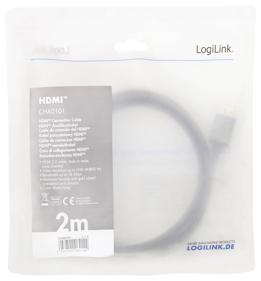 HDMI-Kabel 2m von LogiLink in einer transparenten Verpackung mit Beschriftungen in mehreren Sprachen.