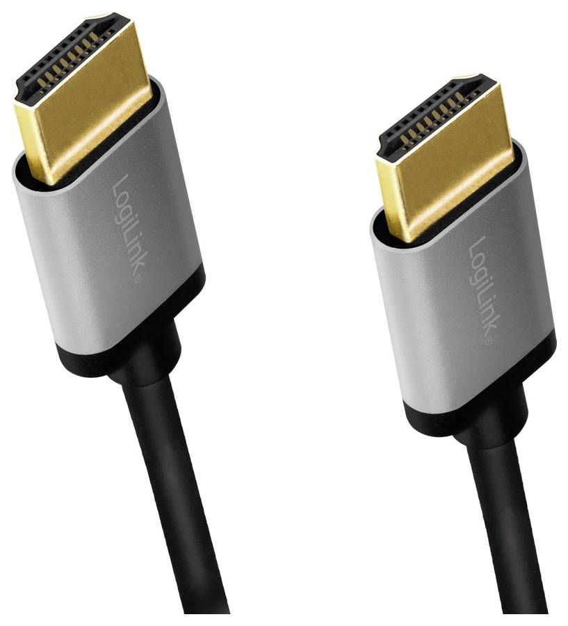 Zwei HDMI-Stecker mit schwarzem Kabel und silbernem Gehäuse, goldene Kontakte sichtbar. Markenname 'LogiLink' auf dem Gehäuse.
