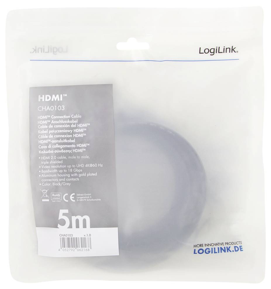 'LogiLink HDMI-Kabel 5m, 4K60 Hz, grau, beidseitig HDMI-Stecker, Modell CHA0103, in Kunststoffverpackung.'