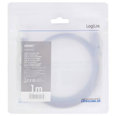 'HDMI-Anschlusskabel 1m von LogiLink, Modell CHA0104', verpackt in einer transparenten Hülle mit Produktinformationen und Logos.