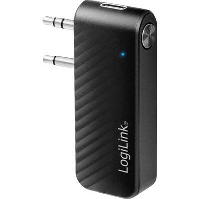 Ein schwarzer Bluetooth-Sender von LogiLink mit 3,5 mm Klinkenanschluss und einem blauen Indikatorlicht.