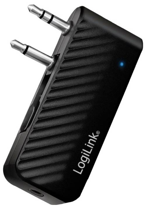 Schwarzer LogiLink Audioadapter mit zwei 3,5-mm-Steckern und blauem LED-Licht, dient zum Verbinden von Audiogeräten.