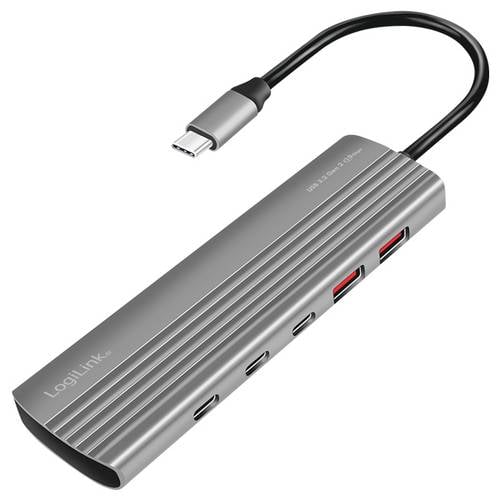 LogiLink UA0415 10 Port USB 3.2 Gen 2-Hub mit Aluminiumgehäuse, mit Schnellladeport Spacegrau