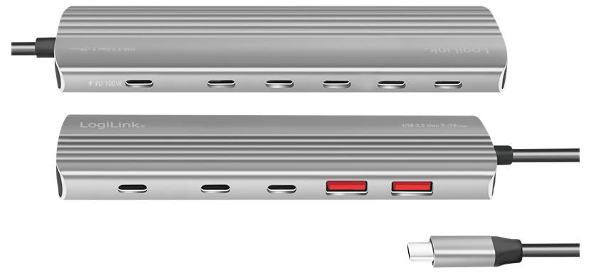 Mehrport-USB-Hub aus Metall mit mehreren USB-Anschlüssen, darunter USB-C und USB-A. Zwei rote USB-3.0-Anschlüsse für schnelle Datenübertragung.
