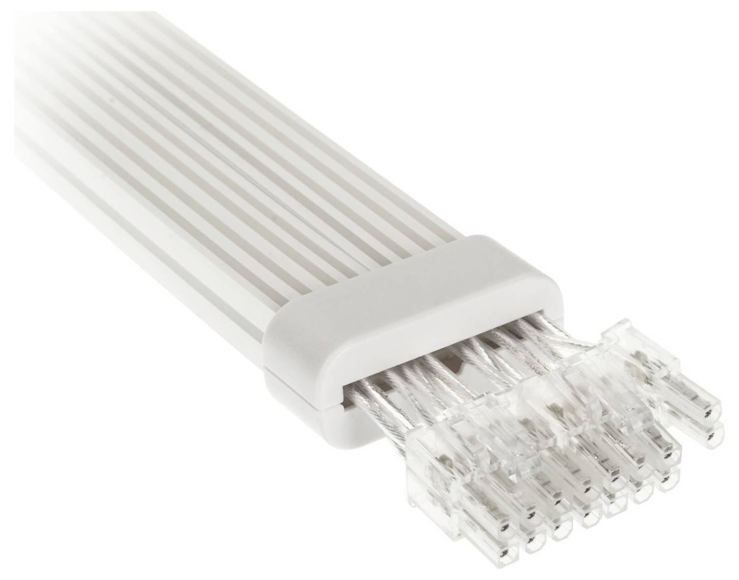 Ein grauer Flachbandkabel mit transparentem Stecker, geeignet für elektronische Verbindungen.
