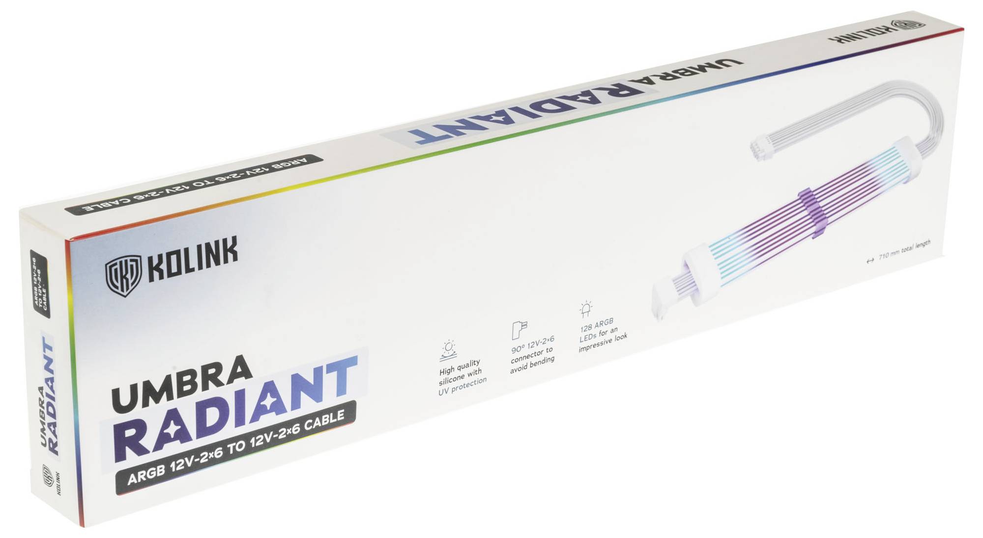 Verpackung einer Kolink Umbra Radiant ARGB 12V-2x6 zu 12V-2x8 Kabel, weiß. Enthält Produktabbildung und Eigenschaften wie hohe Kompatibilität.