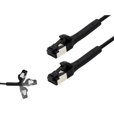 Zwei schwarze LAN-Kabel mit RJ45-Steckern nebeneinander. Ein weiteres Kabel links zeigt die Stecker in mehreren Richtungen.
