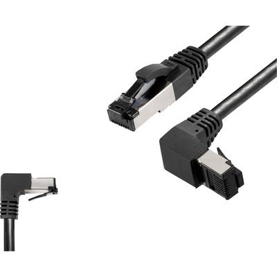 Zwei schwarze Ethernet-Kabel mit abgewinkelten Steckern. Einer hat einen 90-Grad-Winkelstecker, der andere einen Standardstecker.