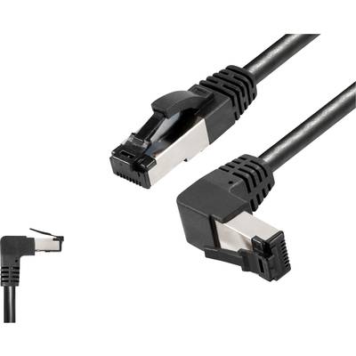 Zwei schwarze Ethernet-Kabel mit abgewinkelten Steckern. Eines hat einen 90-Grad-Winkel nach oben, das andere nach unten.