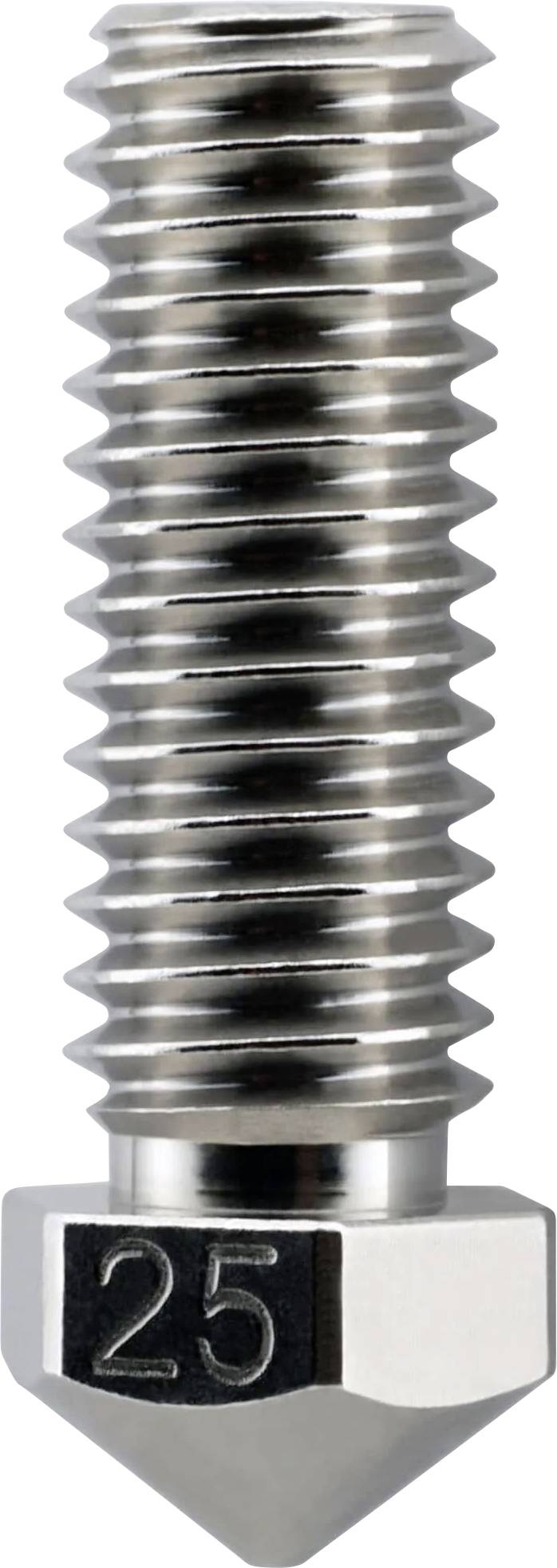 Nahaufnahme einer Metallschraube mit sechskantiger Basis, mit der Markierung „25" auf dem Kopf, vor weißem Hintergrund dargestellt.