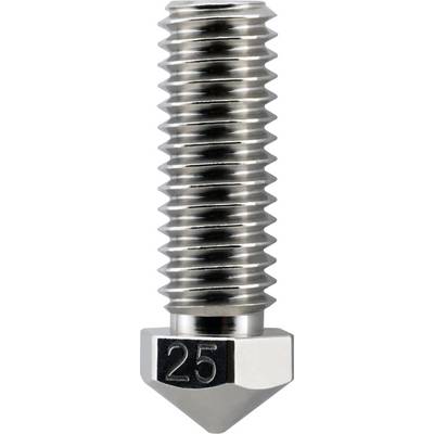 Nahaufnahme einer Metall-3D-Druckerdüse mit einem Gewinde aufweisenden zylindrischen Körper und eingravierter '25' auf der sechseckigen Basis.