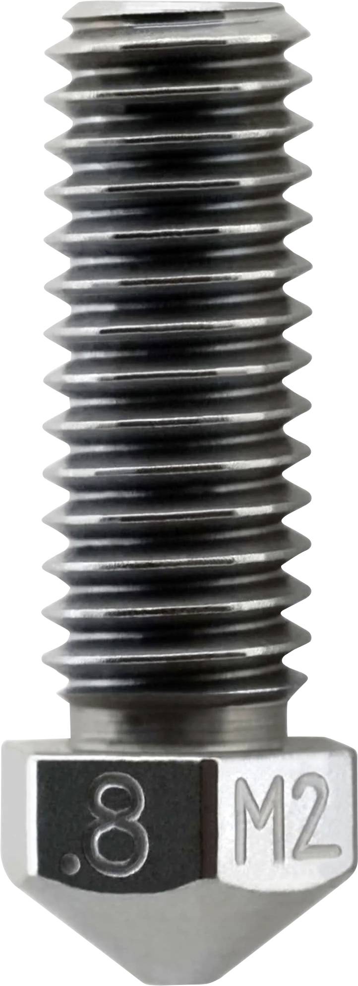 Nahaufnahme einer Metallschraube oder eines Bolzens mit Gewinde und spitzer Spitze, auf dem Kopf mit '.8' und 'M2' gekennzeichnet.