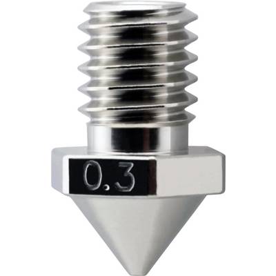 Nahaufnahme einer Metall-3D-Druckerdüse mit verjüngter Spitze, auf der hexagonalen Basis mit „0,3" gekennzeichnet.