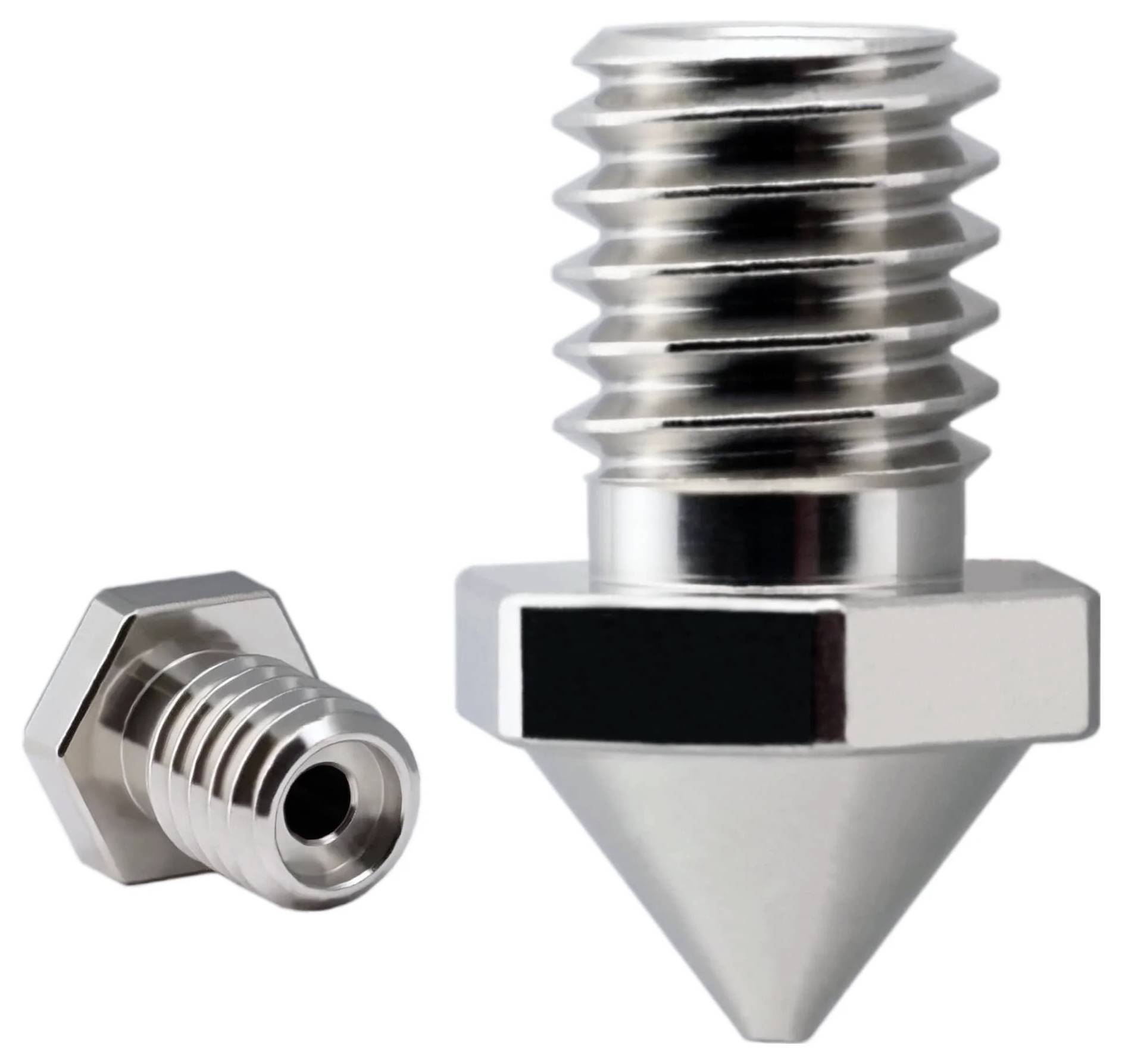 Zwei metallische 3D-Druckdüsen auf weißem Hintergrund, eine aufrecht mit konischer Spitze und eine liegend auf ihrer Seite.