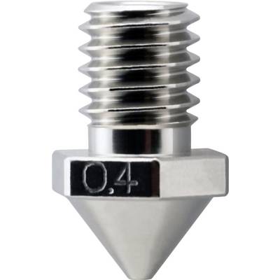 Metall-Druckdüse 0,4 mm für 3D-Drucker mit Gewinde oben, Sechskantbasis und spitzer Spitze auf weißem Hintergrund.