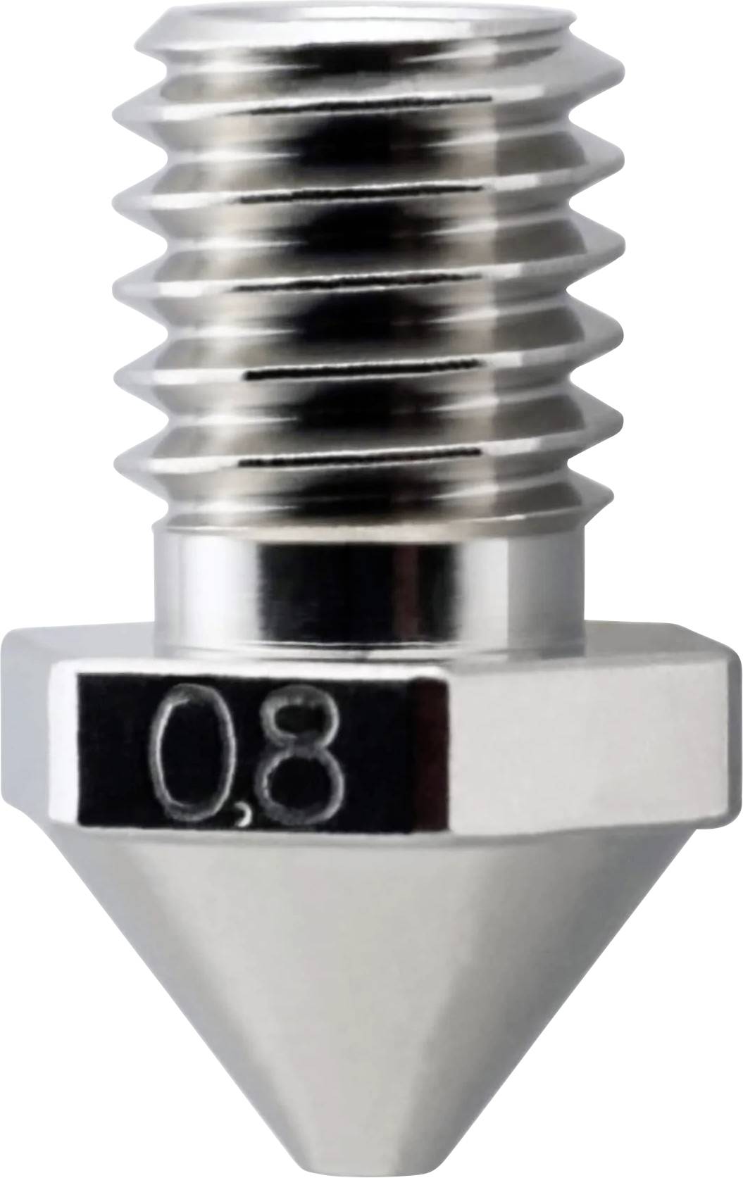 Großaufnahme einer silbernen Metallnüse mit Gewinde oben, sechskantiger Basis mit der Markierung „0,8" und konisch zulaufender Spitze.