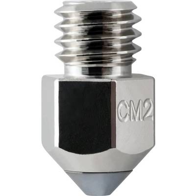 Nahaufnahme einer Metall-3D-Druckerdüse mit Gewinde oben, sechskantiger Körper und spitzer Spitze, gekennzeichnet mit „CM2".