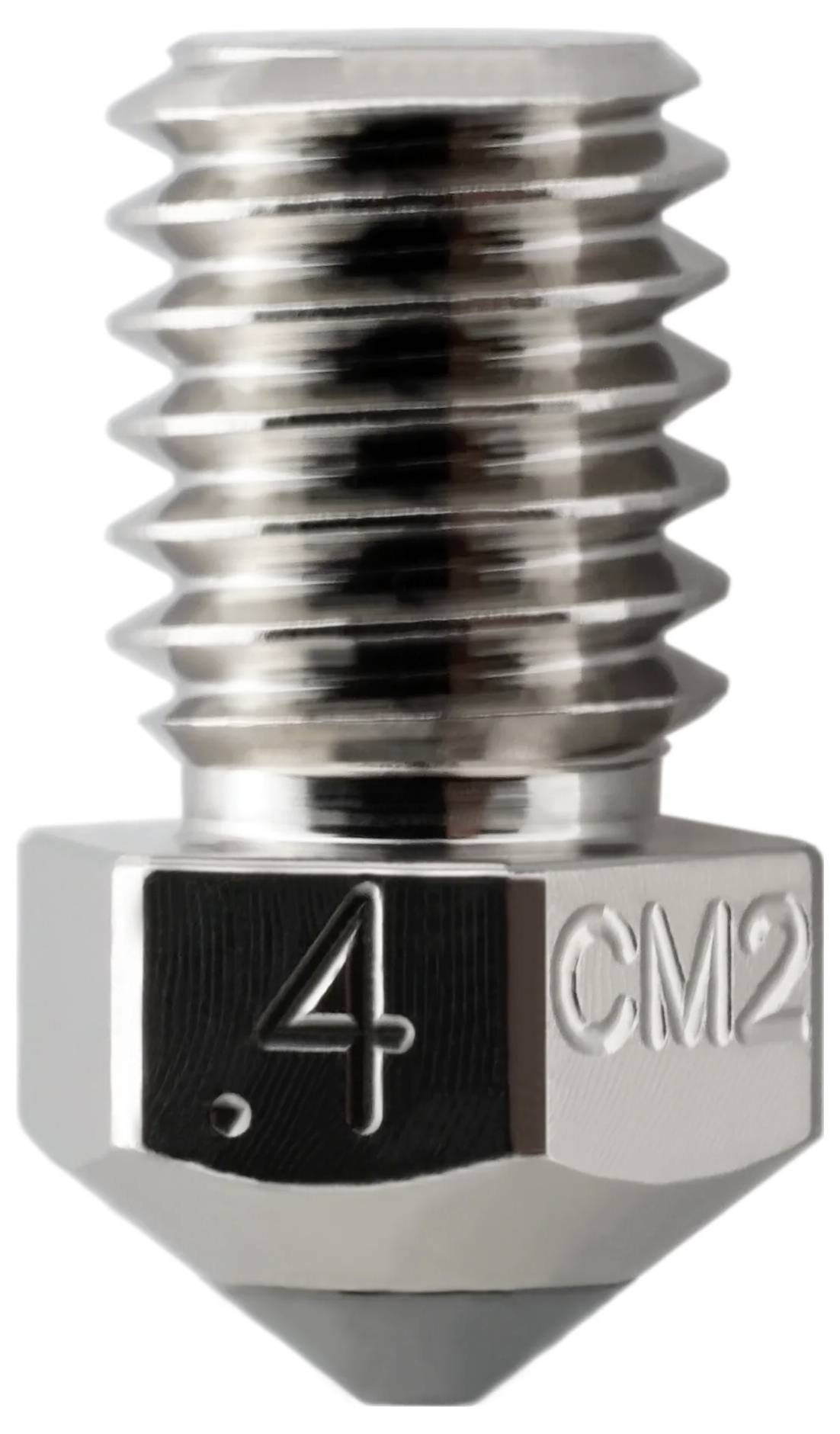 Nahaufnahme einer metallischen 3D-Druckerdüse mit den Beschriftungen „.4" und „CM2", die die gewindete Oberseite und die sechskantige Basis zeigt.