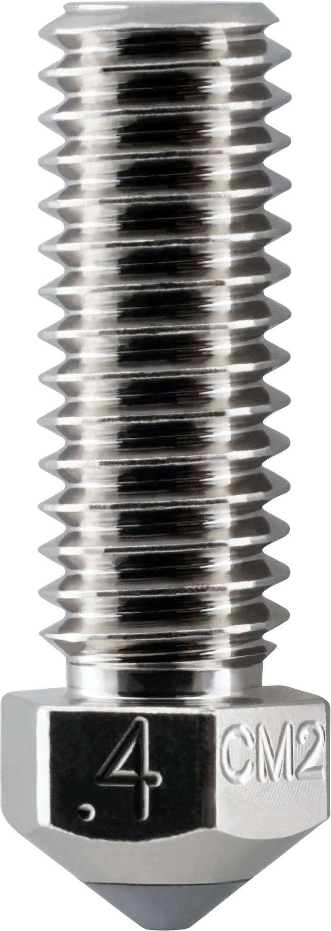 Nahaufnahme einer silbernen Metallschraube oder eines Bolzens mit Gewinde und hexagonaler Basis, mit den Beschriftungen „4" und „CM2" auf dem Kopf.