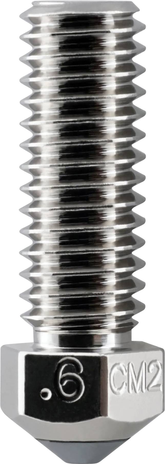 Nahaufnahme einer metallischen 3D-Druckerdüse mit Gewindelkörper und sechskantigem Sockel mit den Markierungen „6" und „CM2".