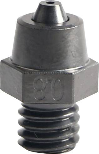 Nahaufnahme einer Metall-Gewindelüse oder eines Strahlers, gekennzeichnet mit '80', mit sechskantigem Ansatz und konischer Spitze auf weißem Hintergrund.
